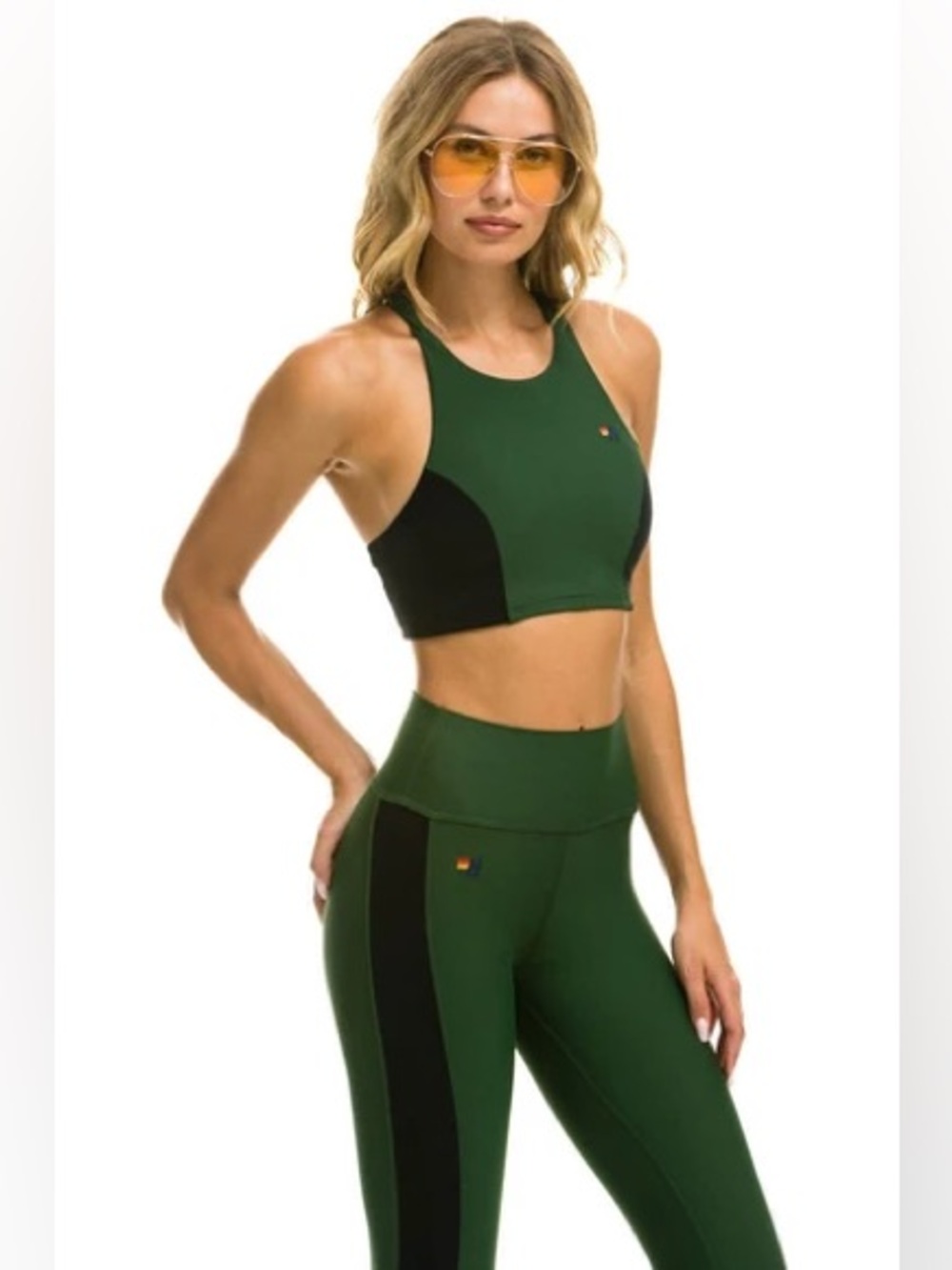 Aviator Nation High Rise Leggings Forest Green Black Stripes Small